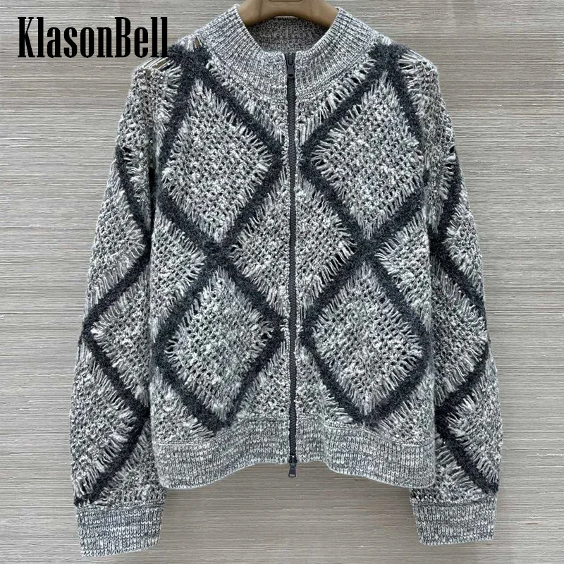 9.8 KlasonBell Women 2024 Autumn New Sequins Argyle Plaid Hollow Out Crochet Cardigan O-Neck Loose Wool Knit Soft Zipper Coat