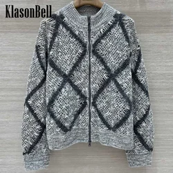 9.8 KlasonBell Women 2024 Autumn New Sequins Argyle Plaid Hollow Out Crochet Cardigan O-Neck Loose Wool Knit Soft Zipper Coat