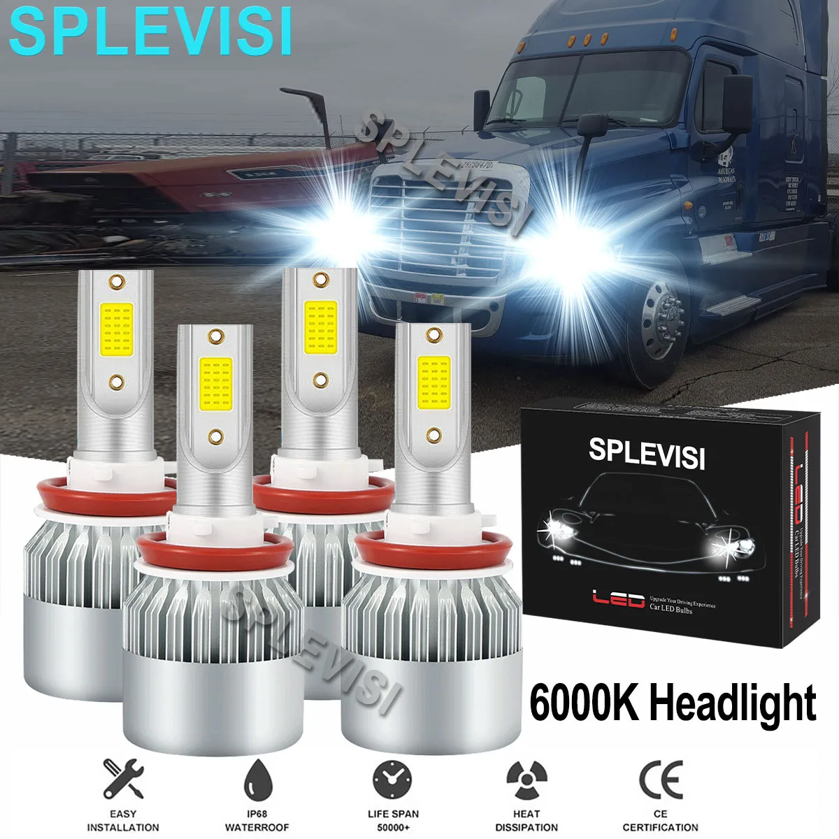 

4x LED Headlight Bulbs 6000K For Freightliner Cascadia 2004 2005 2006 2007 2008 2009 2010 2011 2012 2013 2014 2015 2016 2017