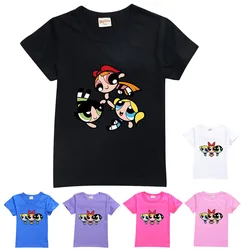 P-Powerpuffing Girls Kids T-shirts Cartoon Anime Figures Short Sleeves Tees Round Neck Tops Boutique Summer Clothing