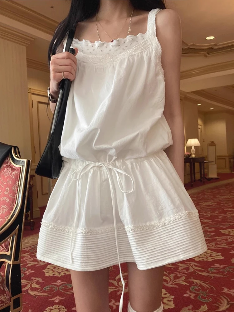 Korobov Korean Chic Dresses Summer Age Reduction Lace Square Collar Dress Draw Pleat Slim Halter Vest Dress Female Vestidos