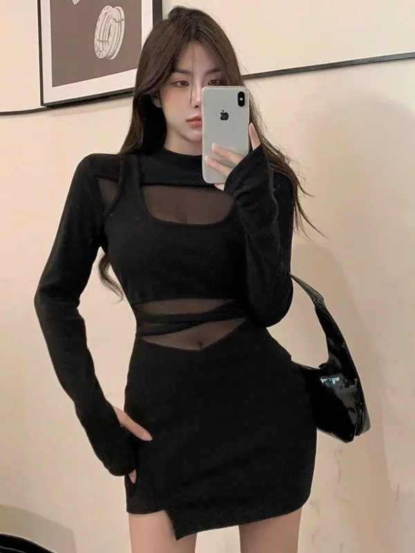 

Spring Autumn New Cute Girl Mesh Perspective Sexy Dress Women's Korean Edition Fashion Tight High Waist Wrapped Hip Dresses K1S7