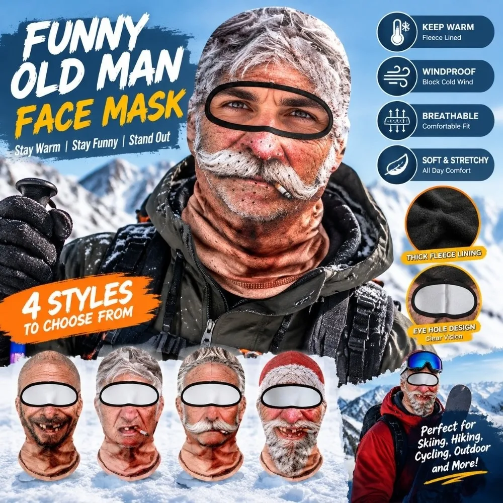 3D Printed Funny Face Balaclava 3D Face with Cigar 3D Print Ski Mask Windproof White Mustache Mask Cover Headwear Men Costume