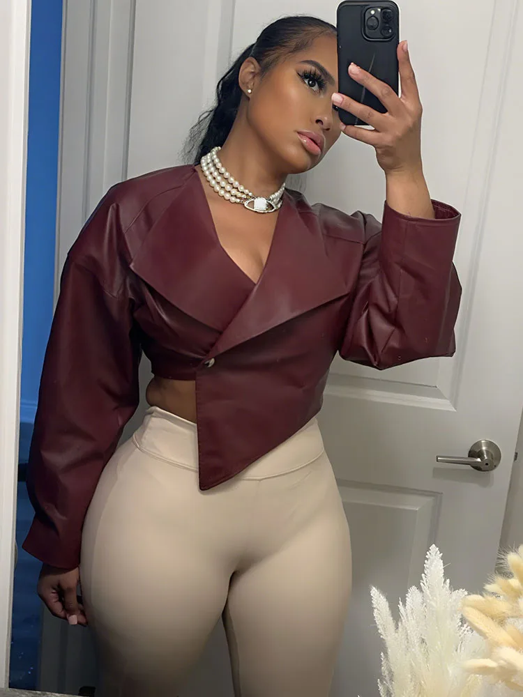 

kliou PU Leather Women Jackets Cool Simple Solid Full Sleeve Irregular Lapel Slim Crop Coats Female Casual Streetwear Outwear
