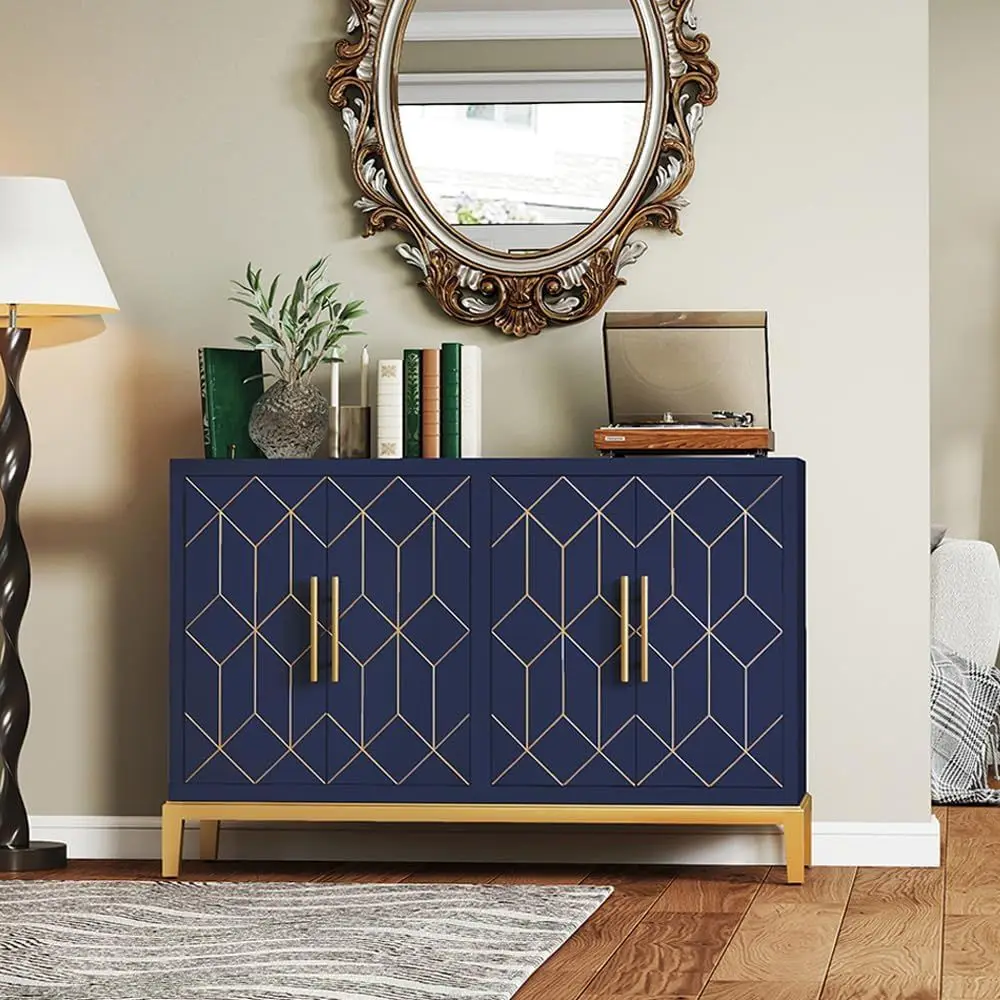 

47.8 Accent Cabinet with 4 Doors, Gold Trim, Wood Decor, Storage for Living/Dining Rooms, Blue