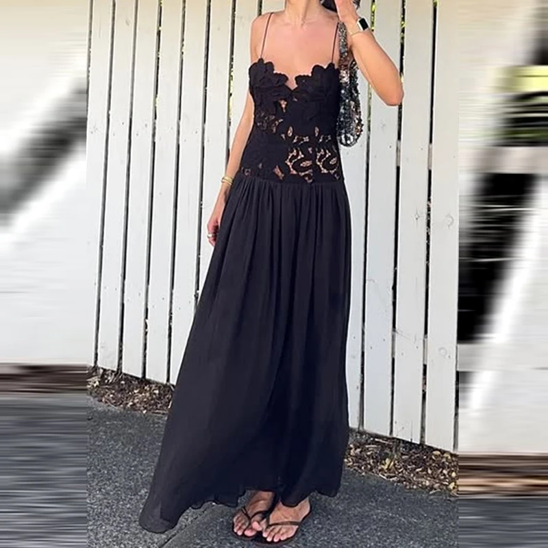 Senhora elegante retalhos drapeado sólido vestido de festa moda fora do ombro sem mangas vestido sexy renda bordado estilingue vestido longo