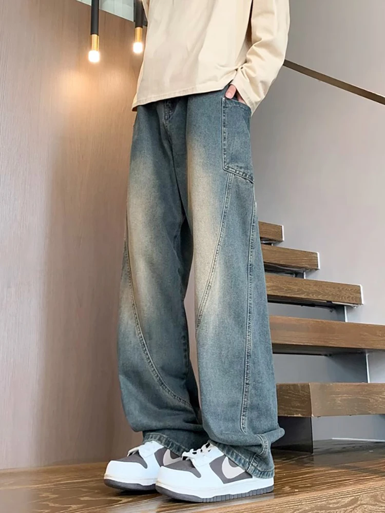 

Мужские джинсы в стиле ретро, свободные повседневные прямые брюки, облегающие, удлиненные, в американском стиле High Street, весна-осень