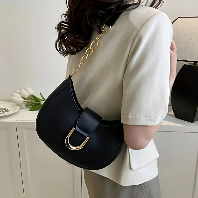 Chic Black Crescent Shoulder Bag for Women - Elegant Solid Color, Faux Leather with Secure Clasp Closure