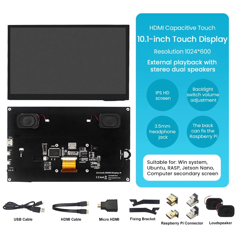 10.1 Inch Capacitive Touch Screen HDMI IPS HD Display Module 1280*800 with Stereo Speakers for Raspberry Pi