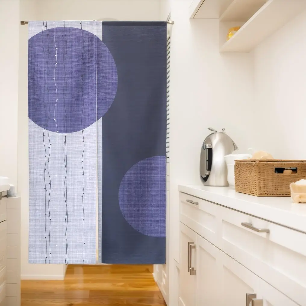 Japanese Minimalist Circle Door Curtain, Navy & Light Blue Background Geometric Dot & Line Print, Wabi-Sabi Oriental Decor Room