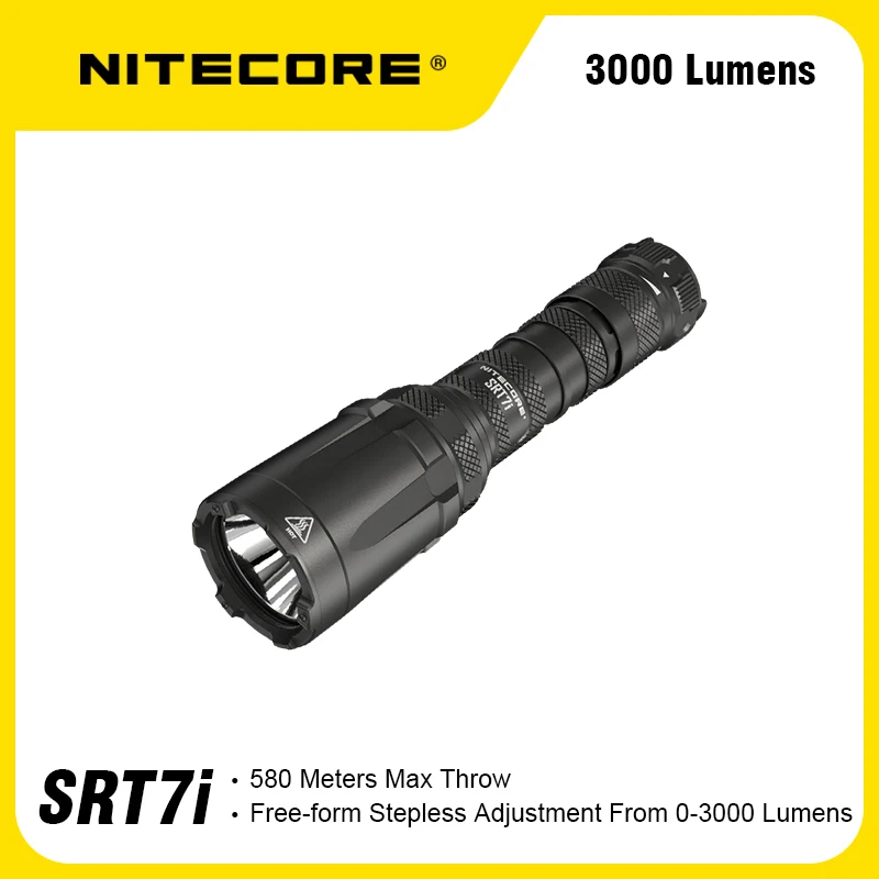 NITECORE SRT7I 3000 lumen flashlight i, can be charged using USB, and the packaging includes a 5000mA battery