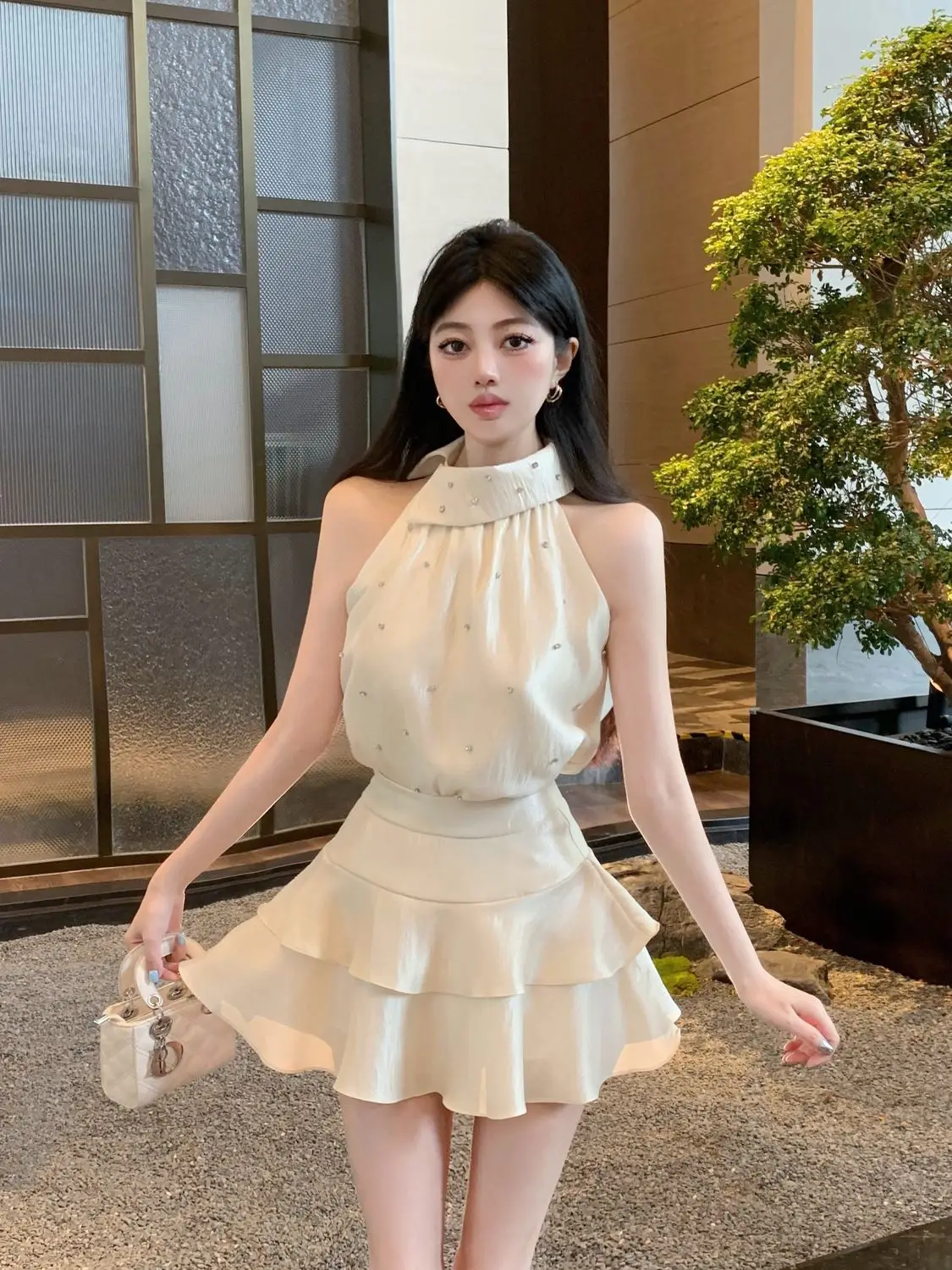 Korea Woman Two Piece Set Sexy Elegant Crop Tank Tops Rhinestone Camis Slim Mini Skirts Summer Fashion Ladies Suits Chic