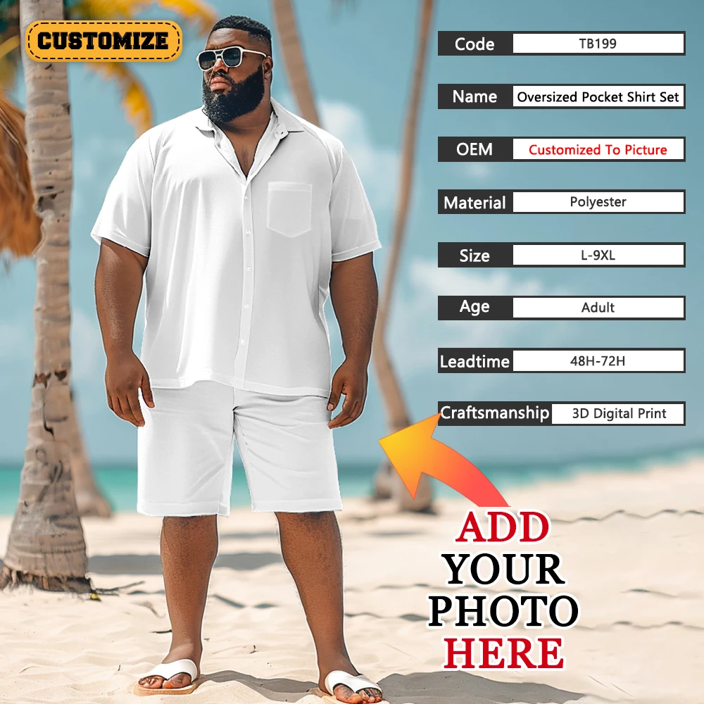 Customized Pattern Oversized Hawaiian Shirt Set Plus Size Summer Beach Shorts Set Design Yourself Personalized Button Up Gift