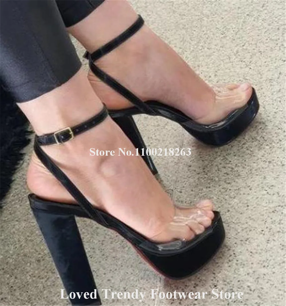 Elegant Clear PVC Patchwork Thick Heel Sandals Peep Toe High Platform White Nude Black Matte Leather Chunky Heel Dress Heels