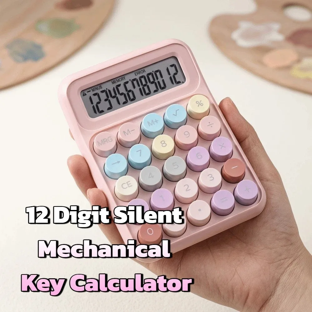 12 Digit Mechanical Key Calculator Large LCD Display ABS Material Silent Calculator Lightweight Round Button Portable Calculator