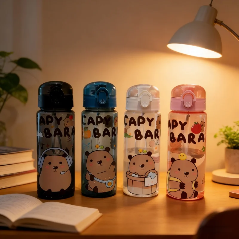 

780ml Capybara transparent Cup Cute Cartoon Water Bottle with Carry Strap Leakproof Portable Outdoor Drinking Cup Sports Bottle