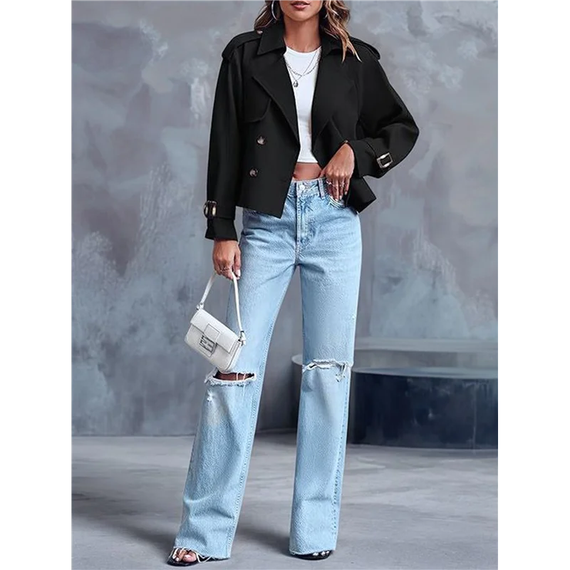 

AB15-Women Long Sleeve Double Breasted Notched Lapel Casual Loose Fit Cropped Trench Jackets With Pockets
