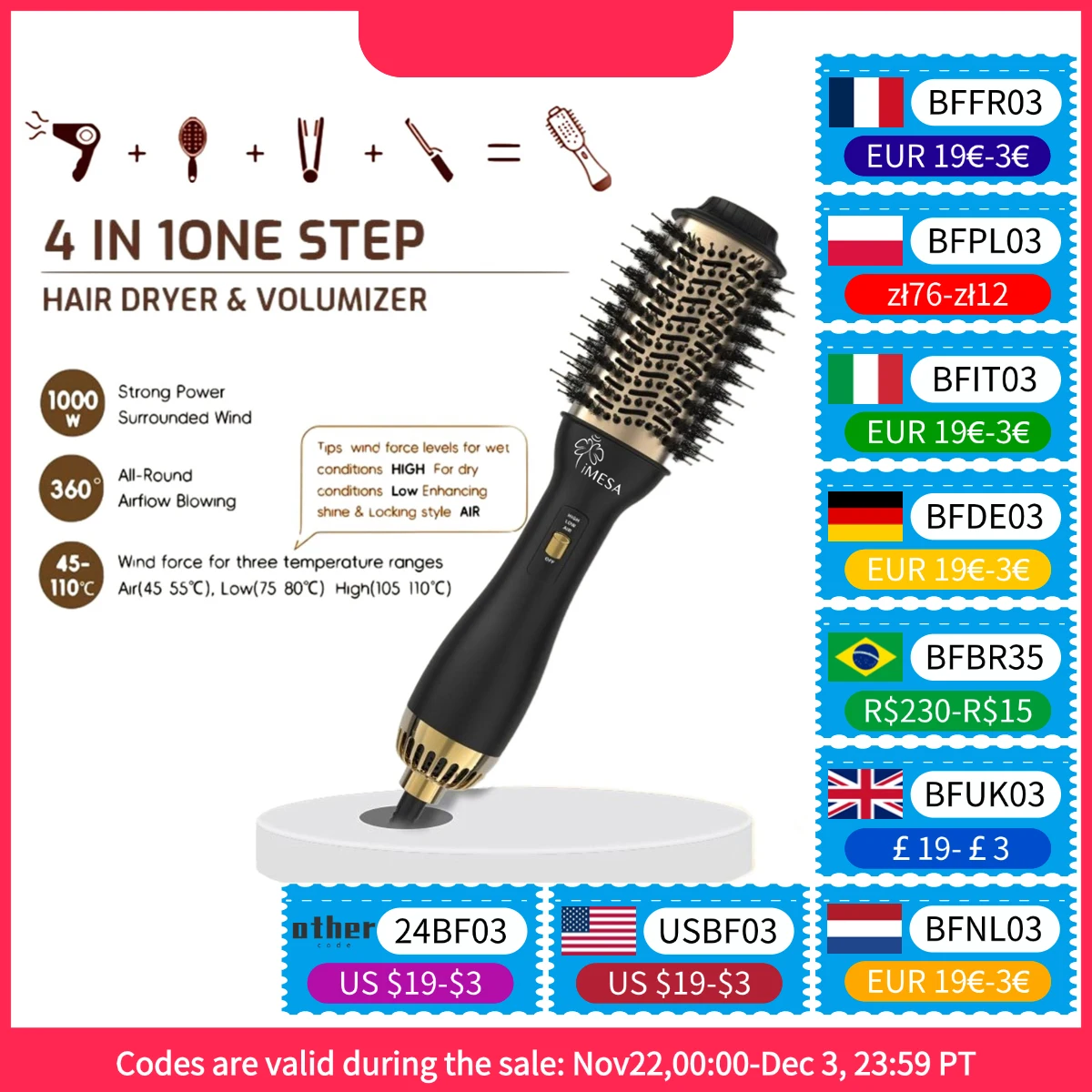 iMESA One-Step Hot Air Brush&Volumizer Hair Dryer and Hair Styler New Black Golden Hair Curler Brush