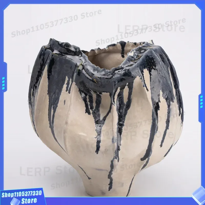 Modern Wabi Sabi Ceramic Vase Medieval Style Edge Design Flower Ornament for Living Room Tea Room Soft Decoration Art Model
