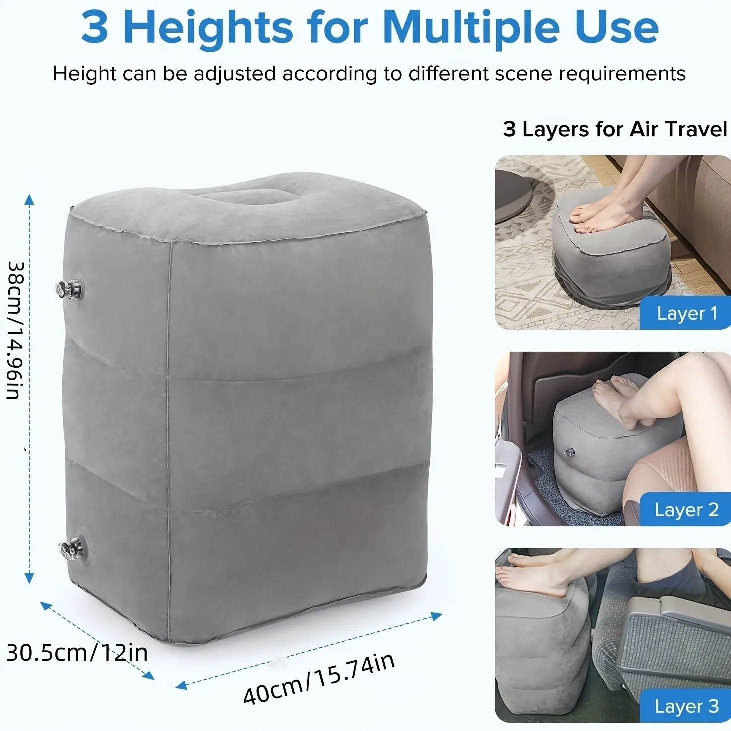 Airplane Foot Rest Travel Foot Rest Pillow Inflatable Travel Foot Rest for Airplanes Adjustable Height 3-Layer Ergonomic Folding