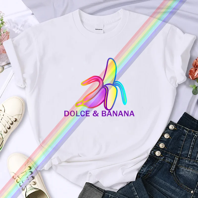 Luxury Dolce& Banana For Women's High-Quality Summer Print T-shirt 100% Cotton Casual Oversized Y2k Personality Sleeve O-neck