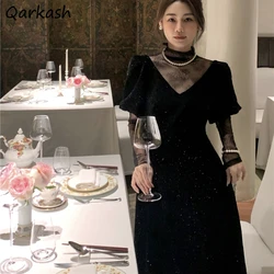 Black Temperament Lace Patchwork Dresses for Women Loose Long Sleeve Elegant Hepburn New Sweet A-line Party Streetwear Female