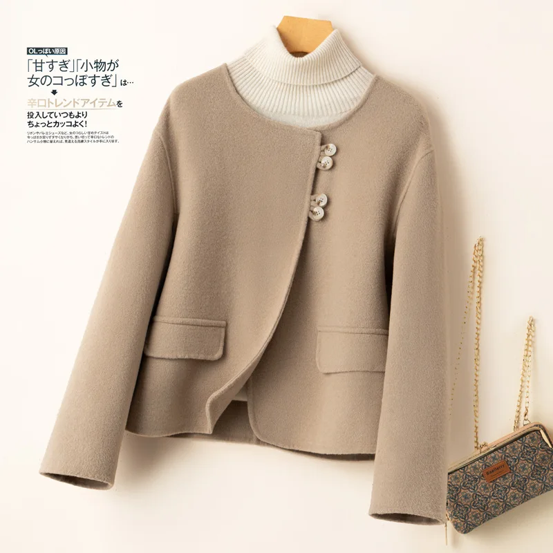 24 Autumn and Winter New Dropshipping Wool Reversible Woolen Coat round Neck Diagonal Design Women's S