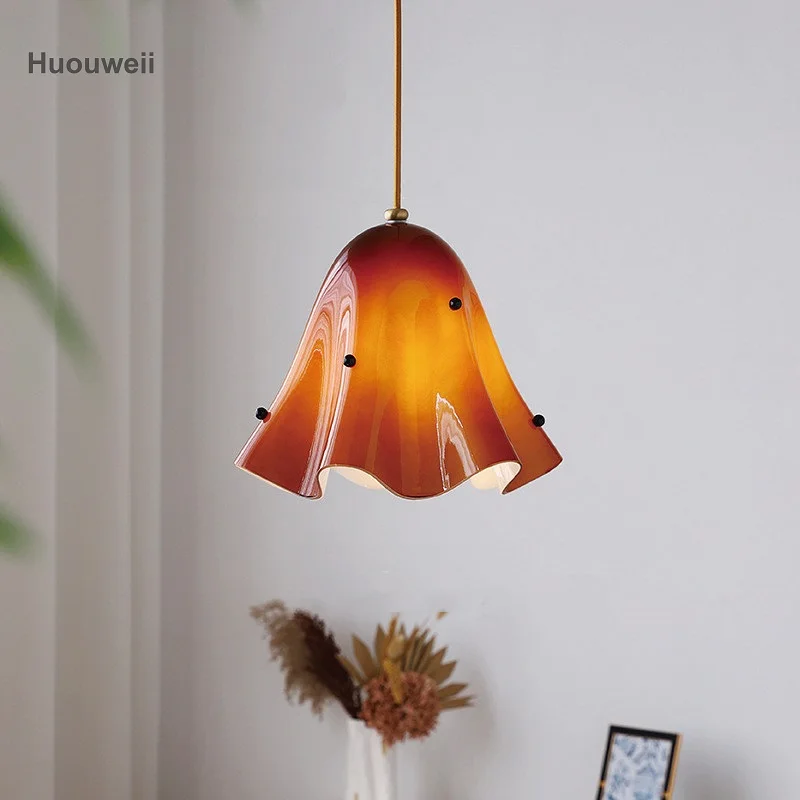Retro Colored Skirt Hem Glass Chandelier French Living Room Dining Table Ambient Light Bedside Decoration Chandelier