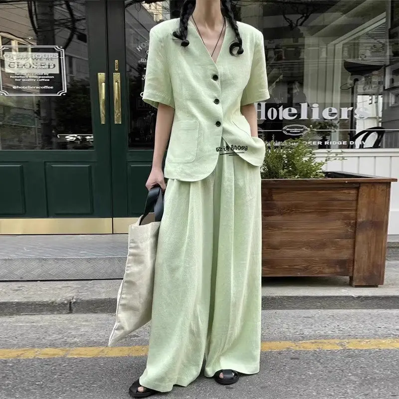 

Cotton And Linen Trousers Suit For Women 2023 Spring Summer New Korean Fashionable Short Sleeved Blazer Wide Leg Pants Set Z2152