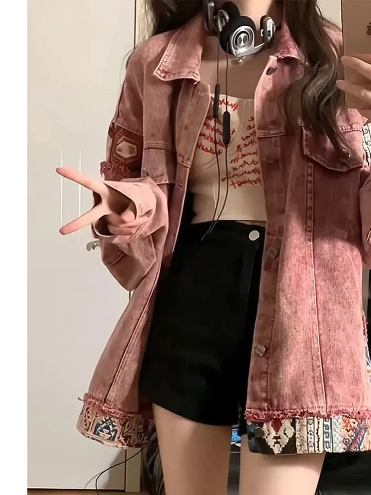 

Американские винтажные джинсовые куртки в стиле пэчворк, весна-осень 2022, новое пальто с лацканами и воротником, женские повседневные универсальные розовые топы Mujer