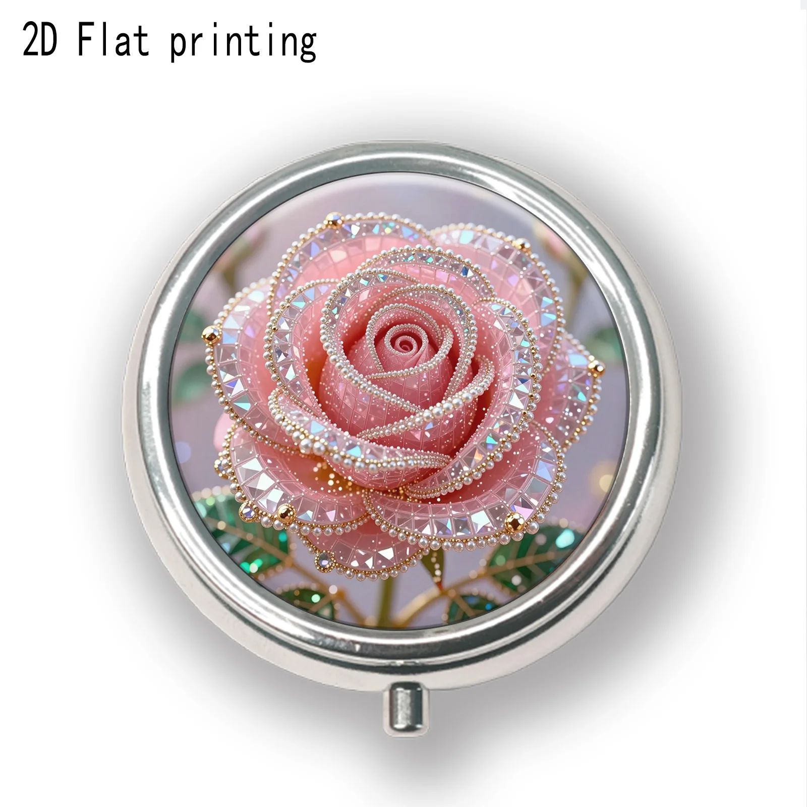 1pc flat printing pill box, oil painting style pink rose gemstone decorative pattern design, portable metal material, practical gift, exquisite and convenient, lightweight and handy, suitable for various occasions, compartmented storage, small item storage, convenient storage, portable safety box, compact jewelry box, small creative accessory box, suitable for all seasons, personal medicine dispensing box