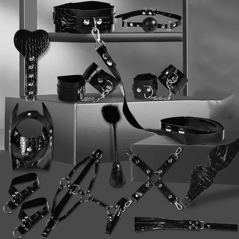 SM عبودية عدة الأفعى منقوشة الجلود الصوف مركب 12 قطعة 18 + الكبار الأزواج لعبة الجنس الكمامة طوق أصفاد المثيرة لعبة الدعائم #1