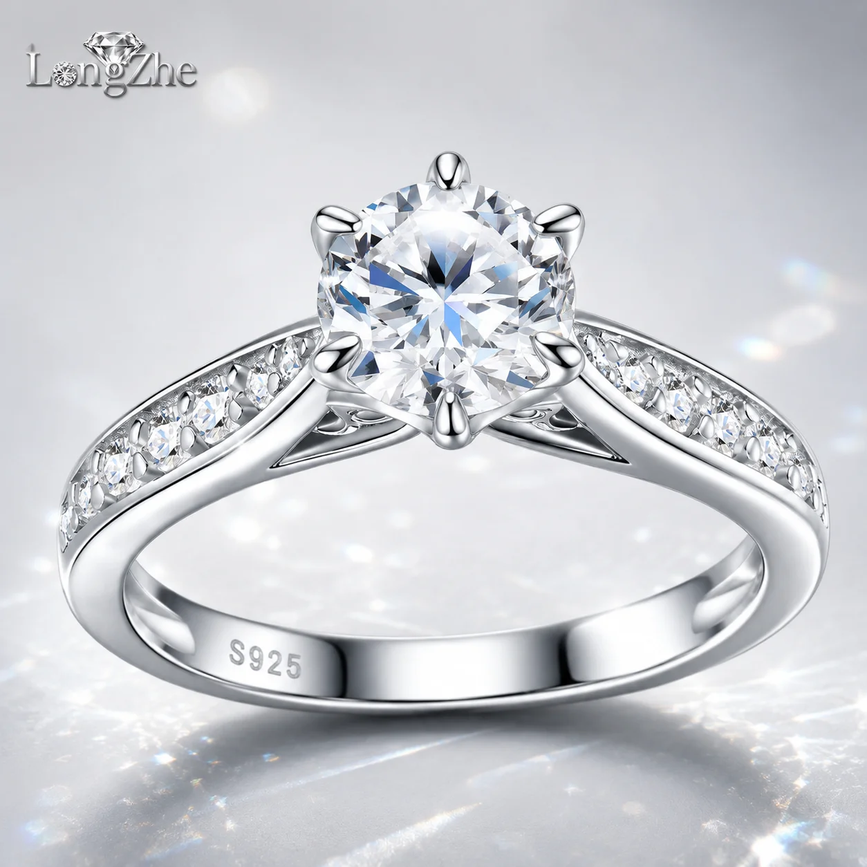 1CT Round Moissanite Engagement Ring for Women S925 Sterling Silver Six Prong Pave Side Stone Bridal Jewelry D Color VVS1