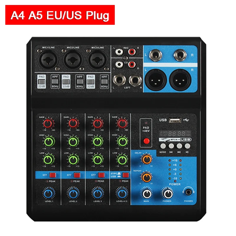 Bluetooth 4/5 Channel Sound Mixer Professional Portable Console Computer Input 48v Power Live Broadcast A4 A5 Sound Audio Mixer