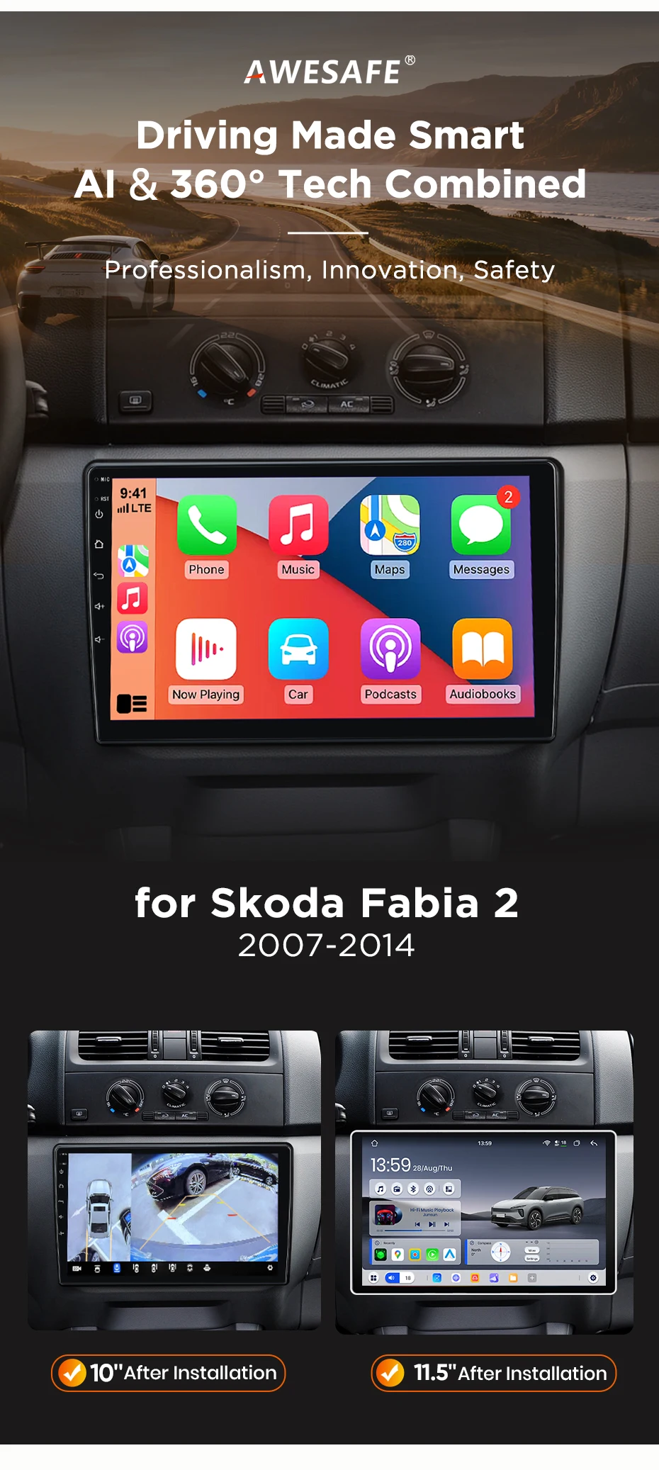 AWESAFE Kabelloses CarPlay Android Auto Radio für Skoda Fabia 2 2007 2008 2009-2014 Auto Intelligente Systeme RDS GPS FM BT DSP SWC – Detail 3