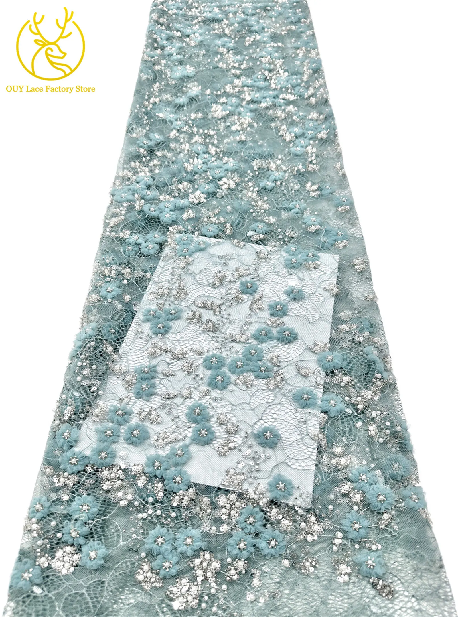 Französische Stickerei, kleiner Pflaumenblüten-Perlen-Spitzenstoff, exquisiter nigerianischer Perlen-Pailletten-Spitzenstoff für Hochzeitskleider zum Nähen – Detail 16