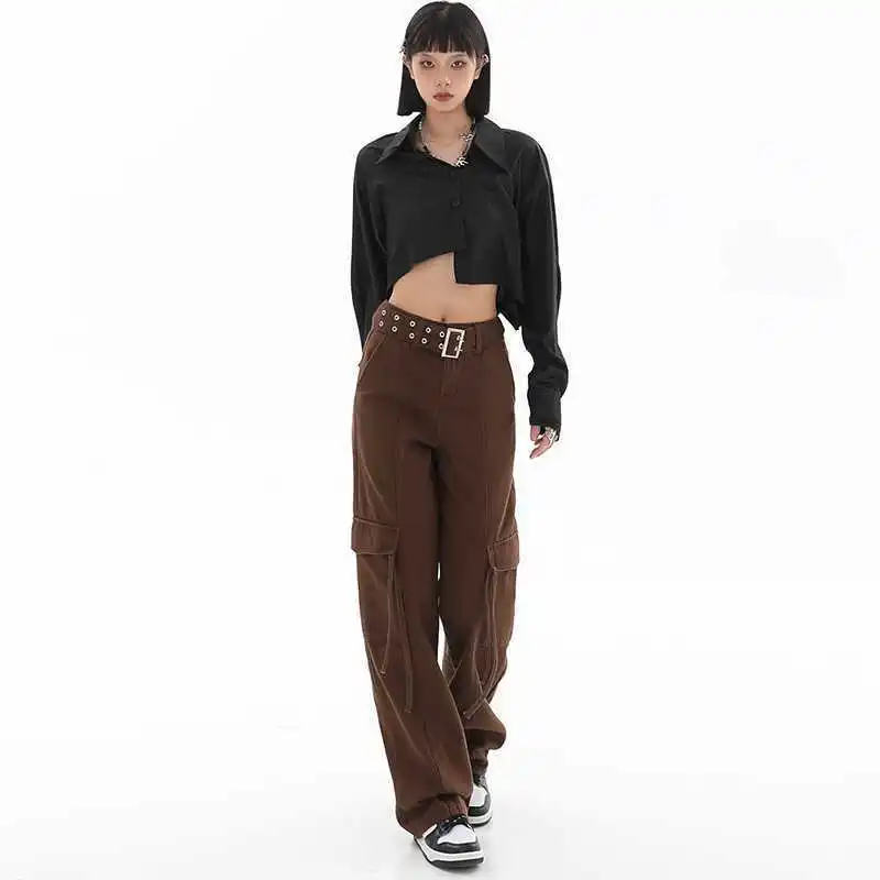 

Higher Quality Retro Style Brown Pants For Women Belted Waist Long Trousers Korean Style Trousers Look Thinner Taller Hip Hop