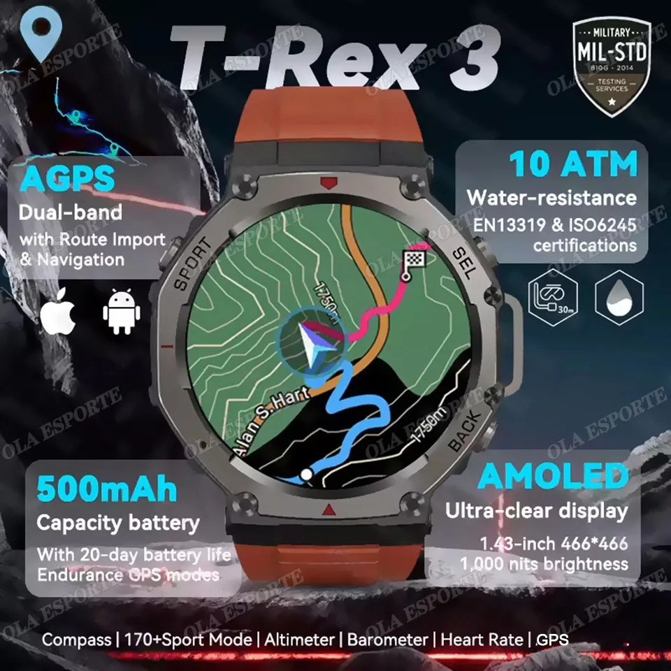 

T-Rex 3 Ultra GPS Smart Watch IP69K 5ATM Waterproof Built-in Dual-band GNSS Compass Military Sport Smartwatch Men 2025 New Watch