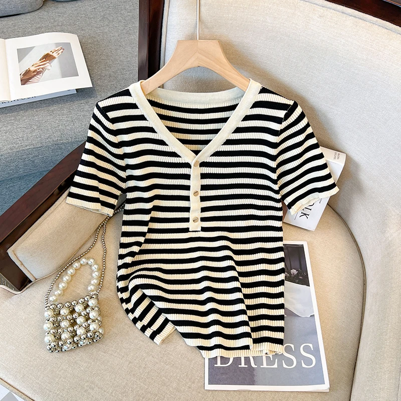 니트웨어 반팔 스트라이프 니트 스웨터 여성 풀오버 새로운 V넥 니트 스웨터 풀오버 여성 탑스 스웨터 페미니노 Q2706