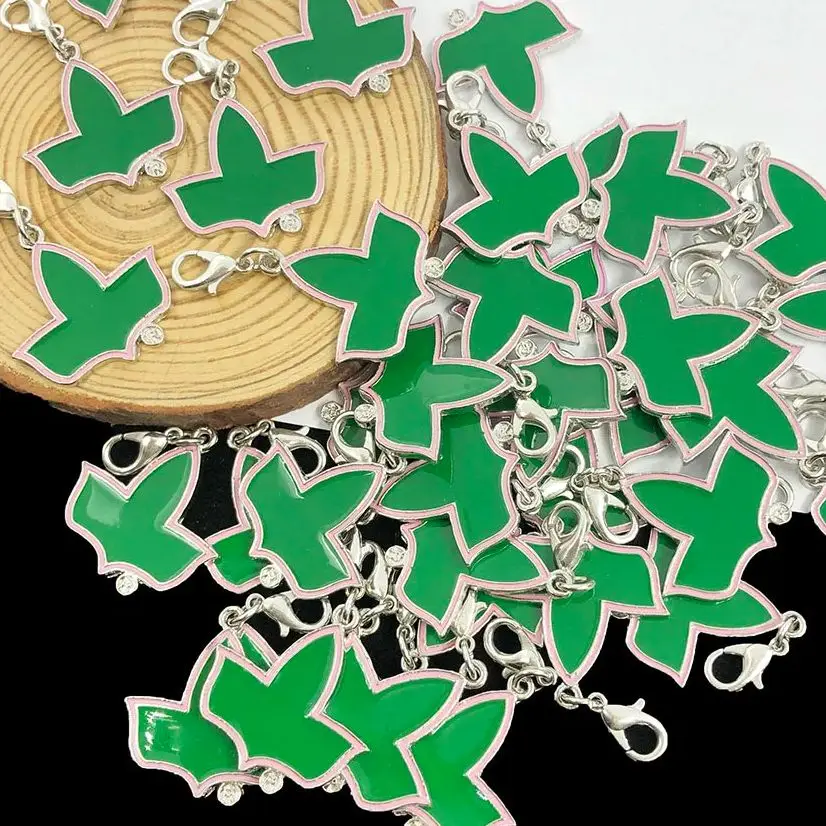 10Pcs Greek Sorority Pink Green Maple Leaf Pendant Charms Bracelet & Necklace Women Jewelry Making Accessories