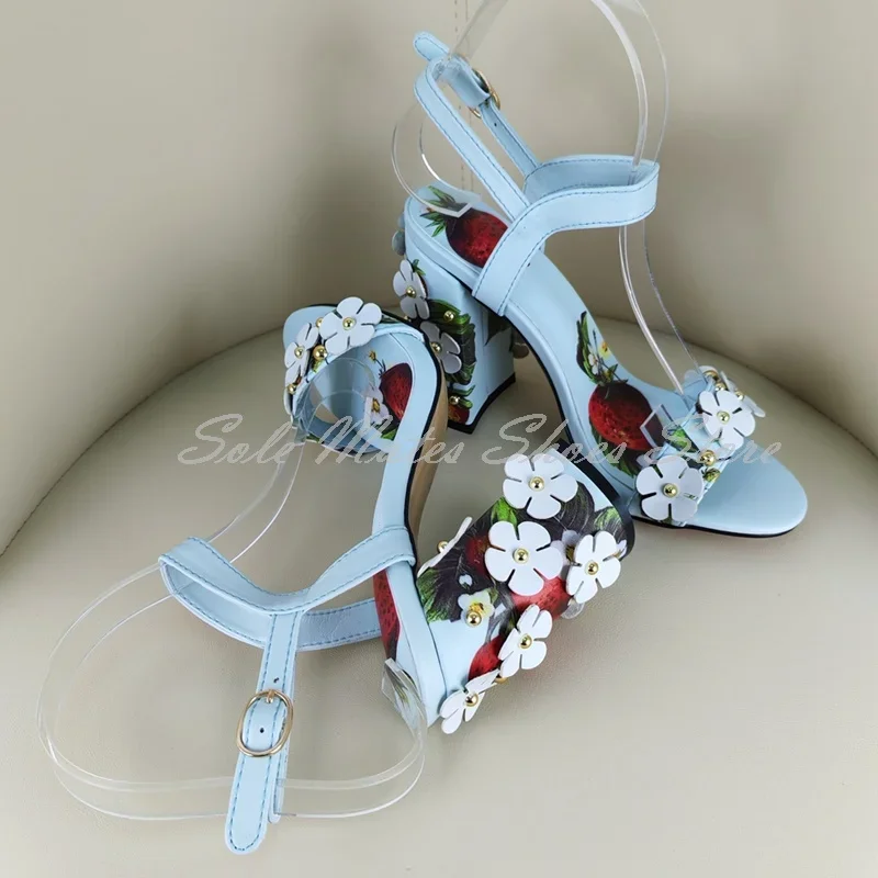 

Summer Light Blue Strawberry Print Sandals Flower Decoration Metal Buckle T-Strap Dress Shoes Party Chunky Heel Woman Shoes