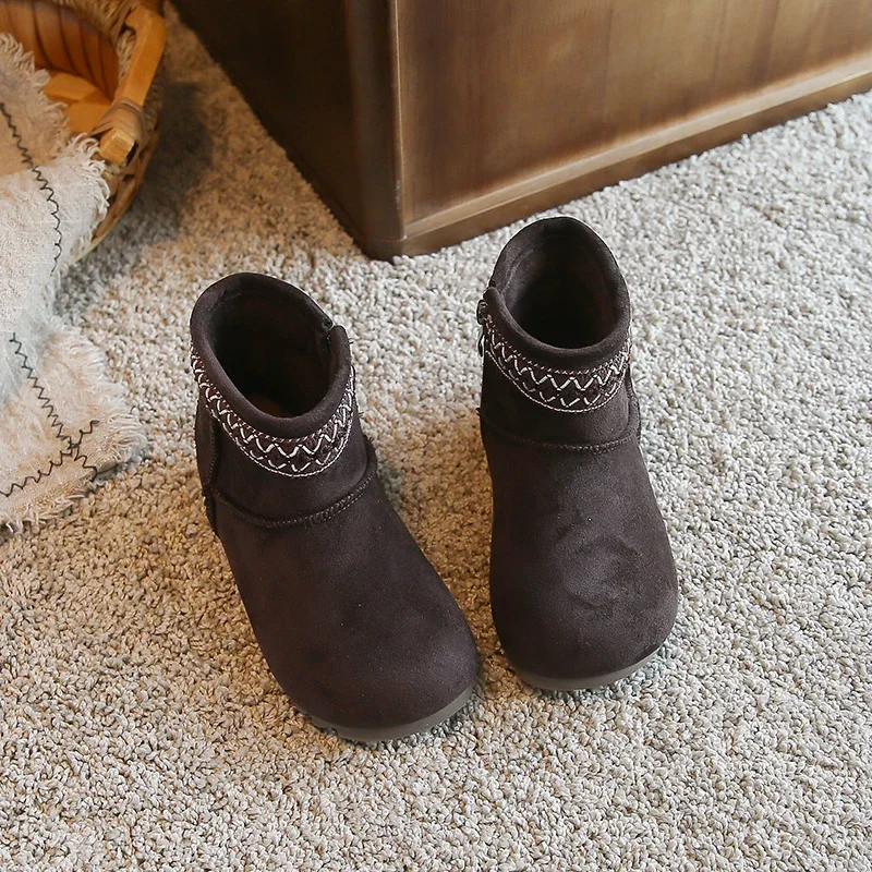 Toddler Kids Winter Faux Suede Ankle Boots Ethnic Embroidery Side Zipper Thick Fleece Lined Flat Warm Snow Boots