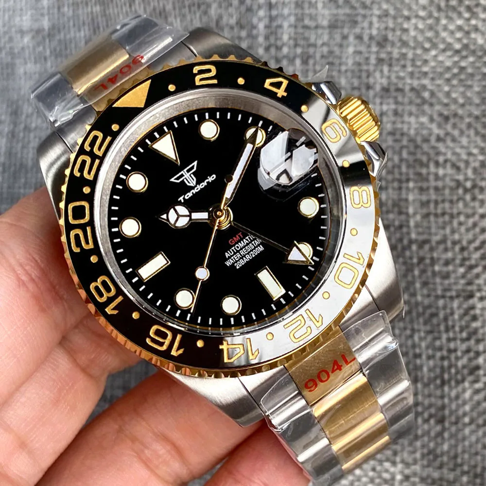 Золотые NH34 GMT водонепроницаемые SUB Selfwinding наручные часы для мужчин бренд Tandorio Календарь Дата 120 кликов ободок сапфировое стекло 904L полоса