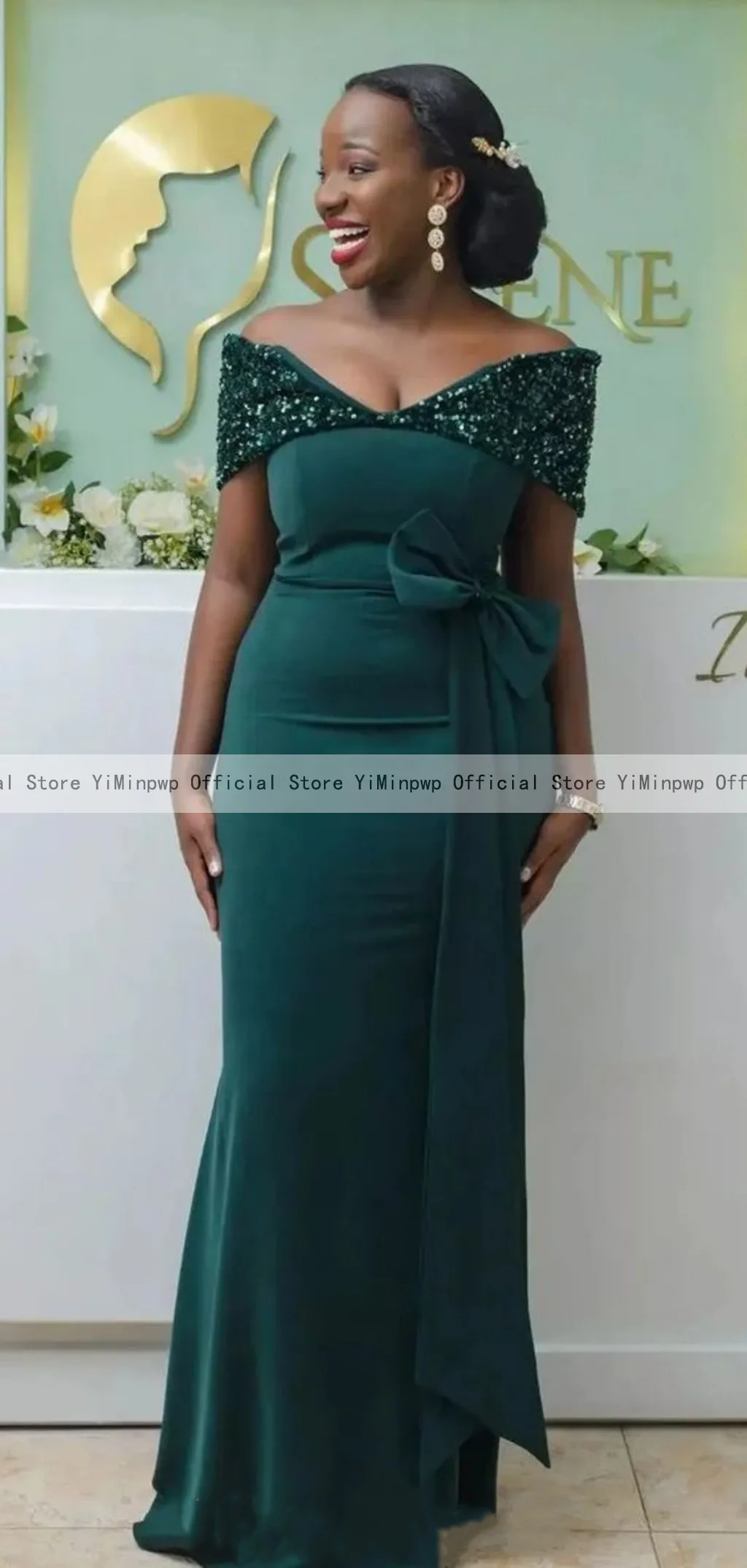 Dark Green Mermaid Bridesmaid Dresses Off Shoulder Bow Sequin Africa Women Wedding Guest Party Dress Maid of Honor Customized