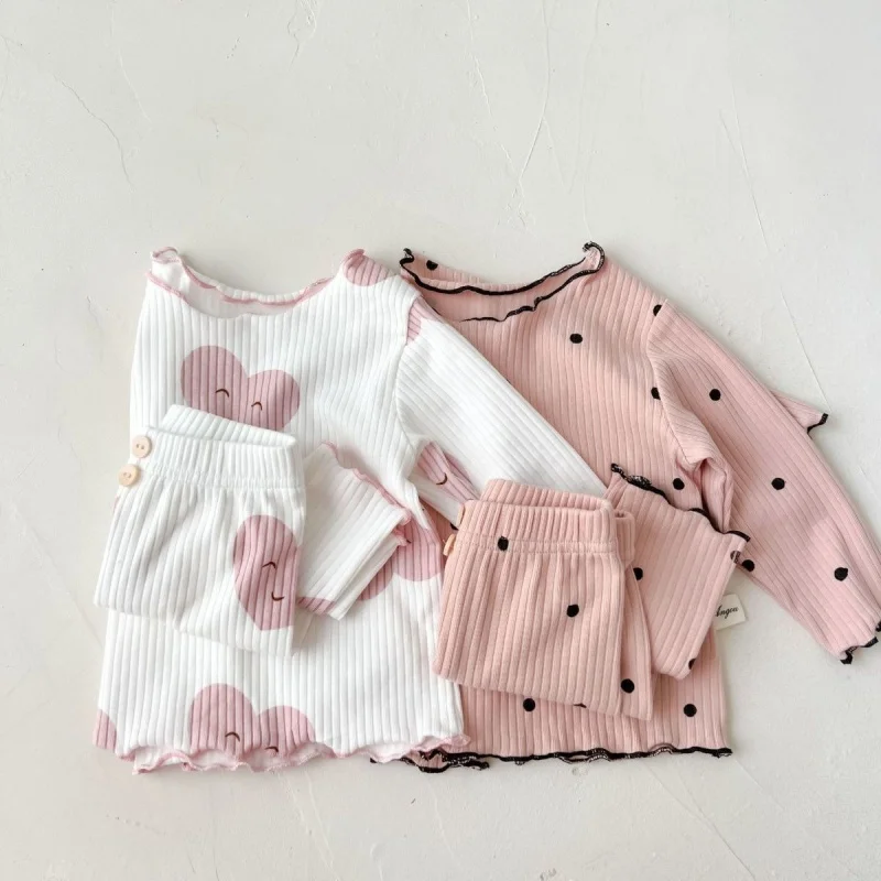 

Girls' Home Wear Autumn New Baby Girls' Long-Sleeved Ice Silk Rib Sunken Stripe Pajamas Two-Piece Wooden Ear Suit