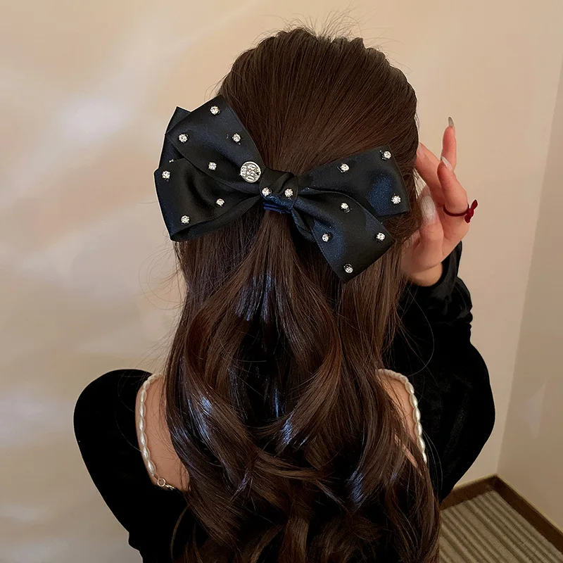 black Luxury Crystal Bows Hairpins Long Ribbon Diamond Hair Clips Hairgrip Accessories For Women Girls Styling Ponytail Barrette