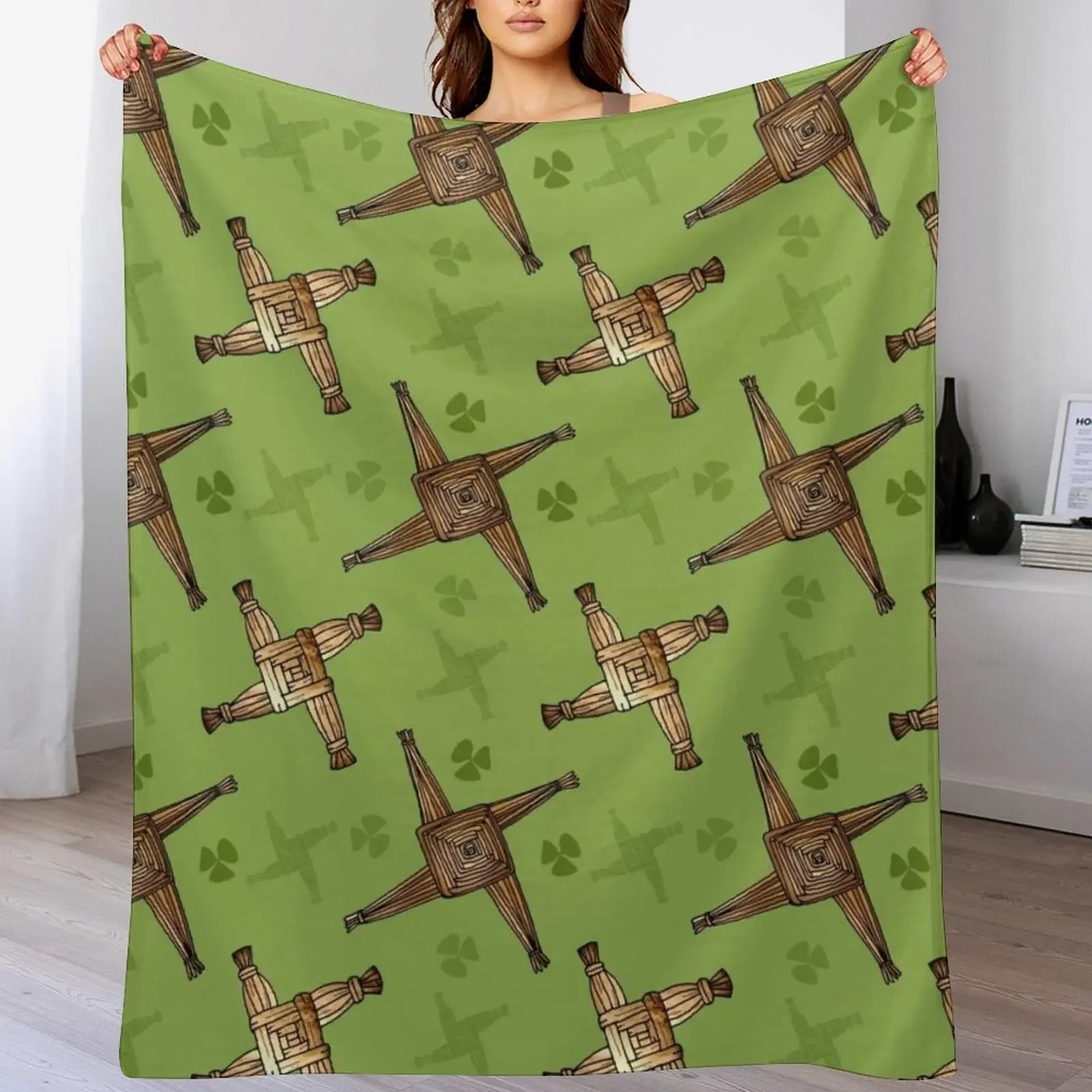 

Saint Brigid's Cross and Shamrocks Throw Blanket Furrys Soft Plush Plaid Tourist Bed Blankets