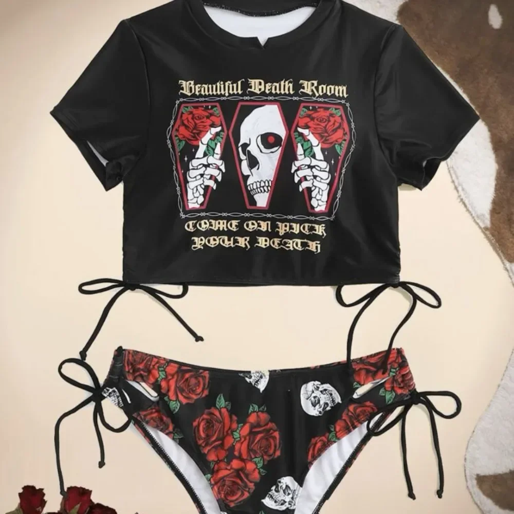 2024 estate costume da bagno ragazza piccante High End Instagram Skull Devil Rose coulisse Split Bikini stampato costume da bagno costumi da bagno donna