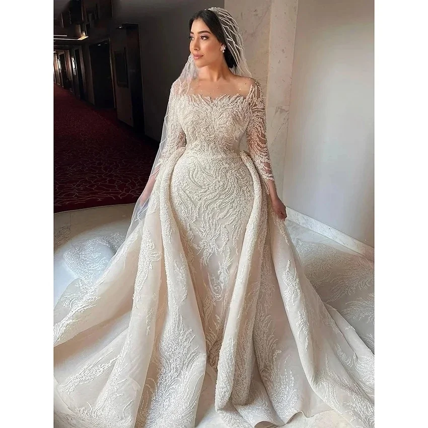Luxuriöse Meerjungfrau-Hochzeitskleider mit Langen Ärmeln und Spitze, Brautkleid für Saudi-Arabien und Dubai, Islamisches Vestido De Noiva, Maßanfertigung