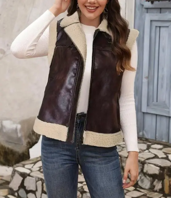 

Women's Vest Jacket Autumn and Winter Fashion Atmosphere Sleeveless Jacket Plush Border Gold Zipper Leather Vest for Women